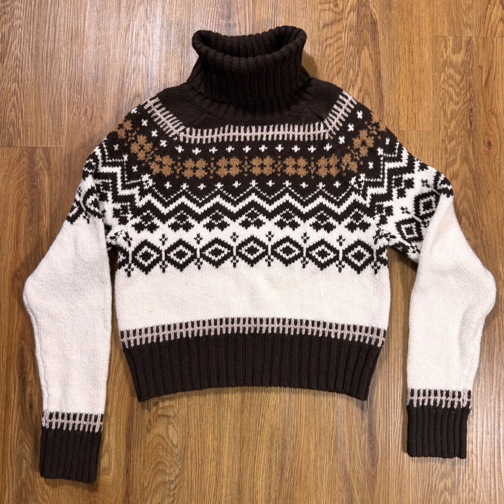 American Eagle Brown Fair Isle Turtleneck Sweater Womens Small Cropped Knit Top